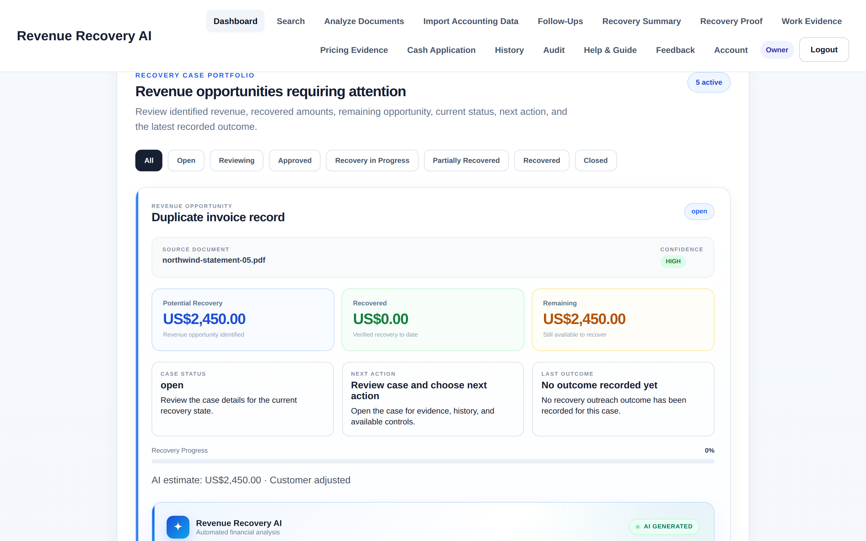 Revenue Recovery AI case portfolio showing a duplicate invoice record with potential recovery, recovered and remaining amounts, case status and next action.